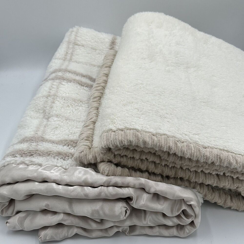 Set of 2 Soft Neutral Baby Blankets Cream Ivory Ecru Satin 30"x36 and 29"x39"